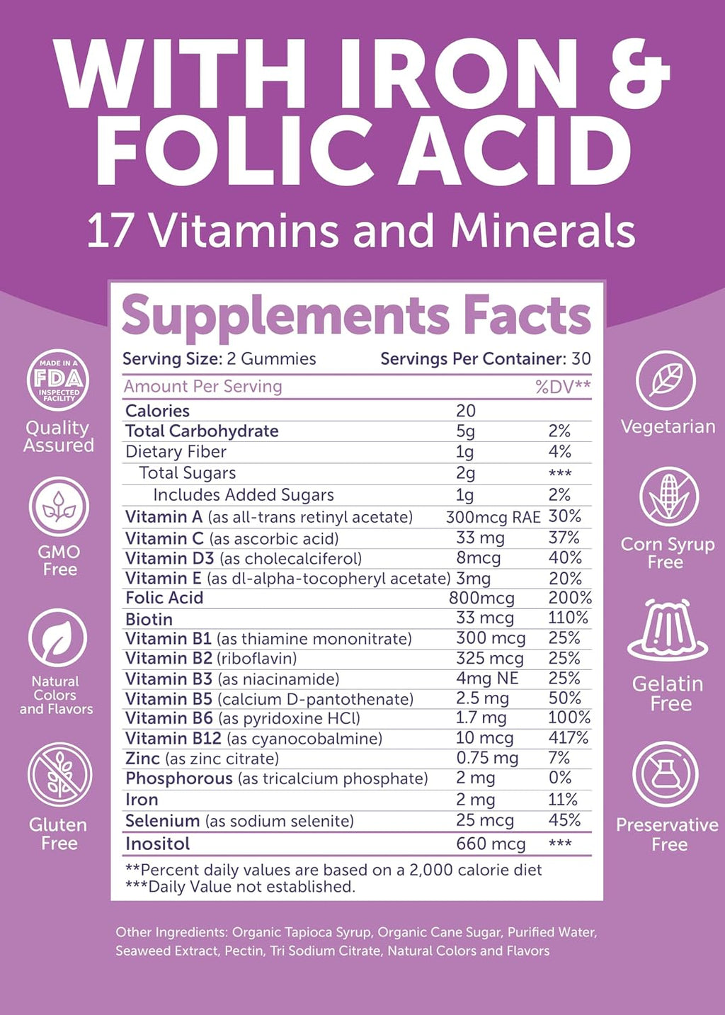 Lunakai Fabricado en EE. UU. Vitaminas Prenatales 17-en-1 con Hierro y Ácido Fólico – Deliciosas Gomitas Prenatales Diarias para el Bienestar Materno, 60 unidades