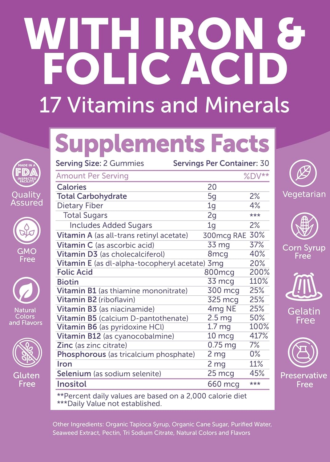 Lunakai Fabricado en EE. UU. Vitaminas Prenatales 17-en-1 con Hierro y Ácido Fólico – Deliciosas Gomitas Prenatales Diarias para el Bienestar Materno, 60 unidades