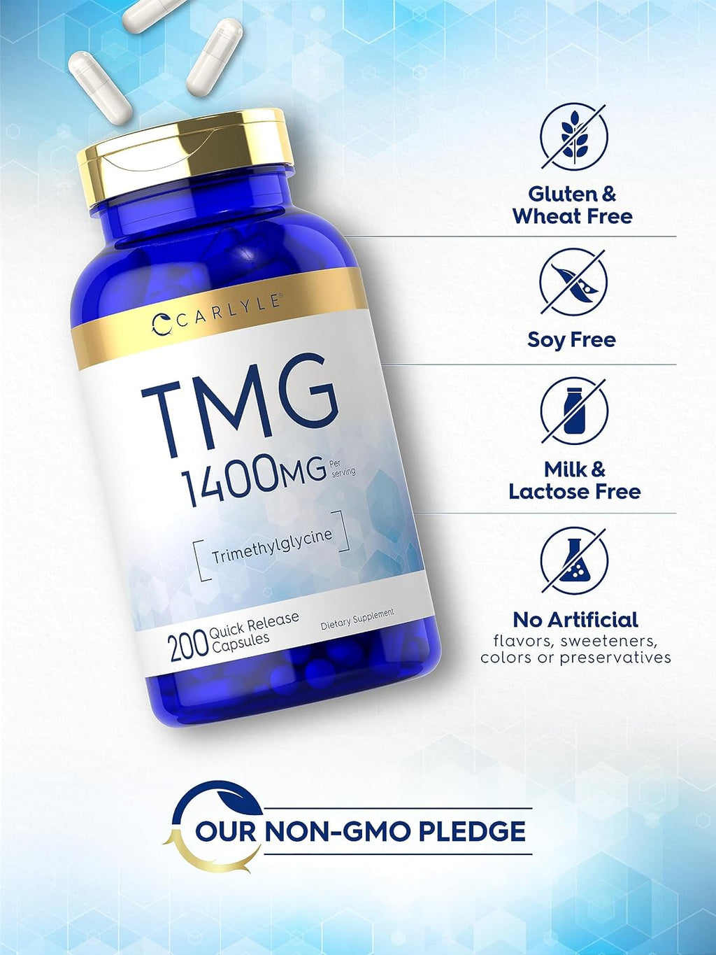 Carlyle Suplemento TMG | 1400mg | 200 Cápsulas de Trimetilglicina de Liberación Rápida | No OGM y Sin Gluten