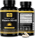 You Vites Vitamina D3 + K2 - Máxima Absorción, 5000 UI D3 y 100 mcg K2 MK-7 con BioPerine - Apoyo Óseo, Cardíaco e Inmunológico - No Transgénico, Sin Gluten - 90 Cápsulas