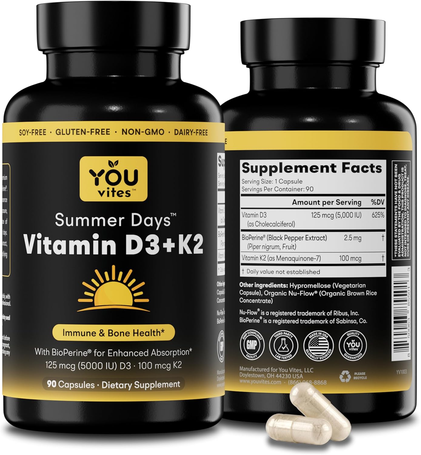 You Vites Vitamina D3 + K2 - Máxima Absorción, 5000 UI D3 y 100 mcg K2 MK-7 con BioPerine - Apoyo Óseo, Cardíaco e Inmunológico - No Transgénico, Sin Gluten - 90 Cápsulas