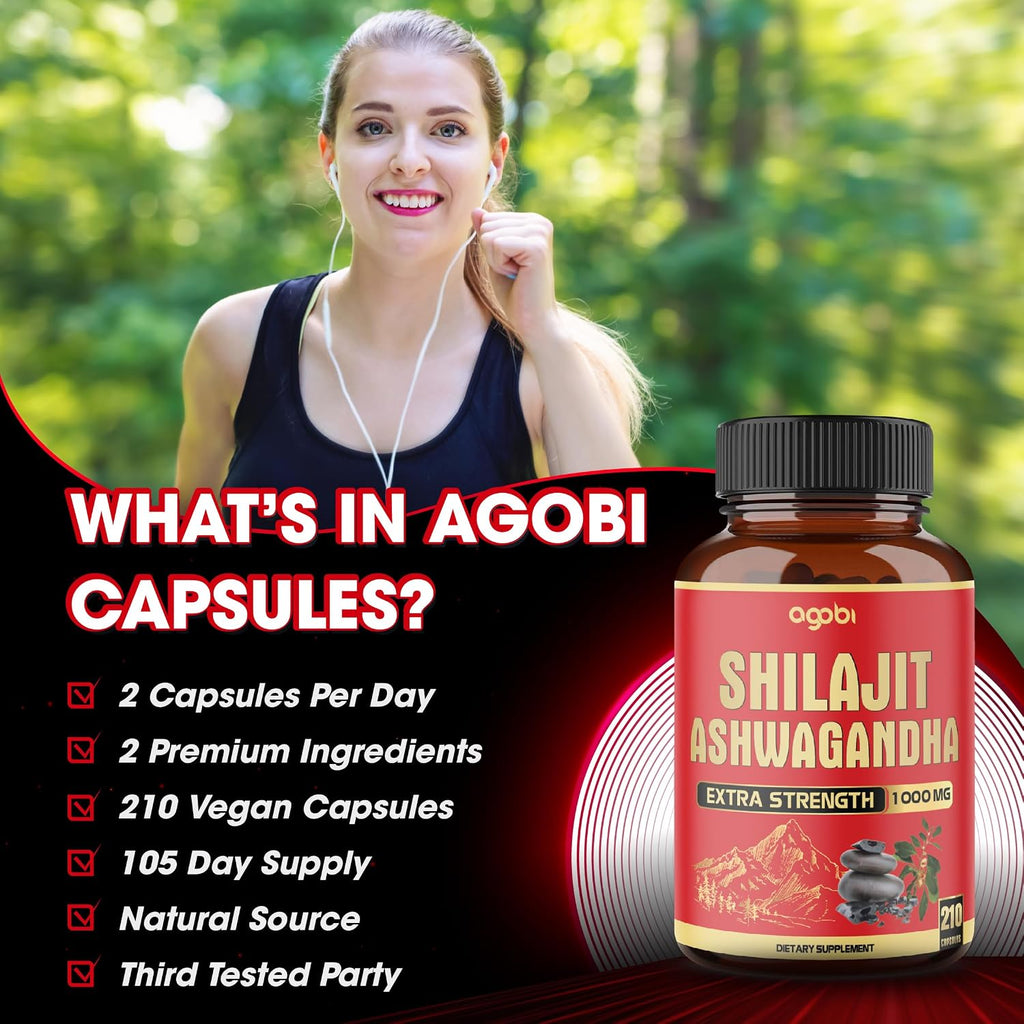 agobi Shilajit con Ashwagandha, 210 Cápsulas - 600mg Shilajit Puro del Himalaya + 400mg Ashwagandha Orgánica