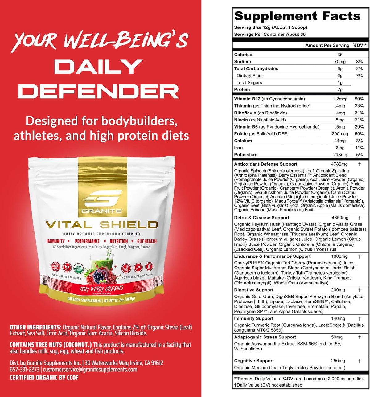 Vital Shield Superfood Greens - Mezcla Orgánica con Champiñones y Cereza Ácida - Muy Berry (30 porciones) – Image 3