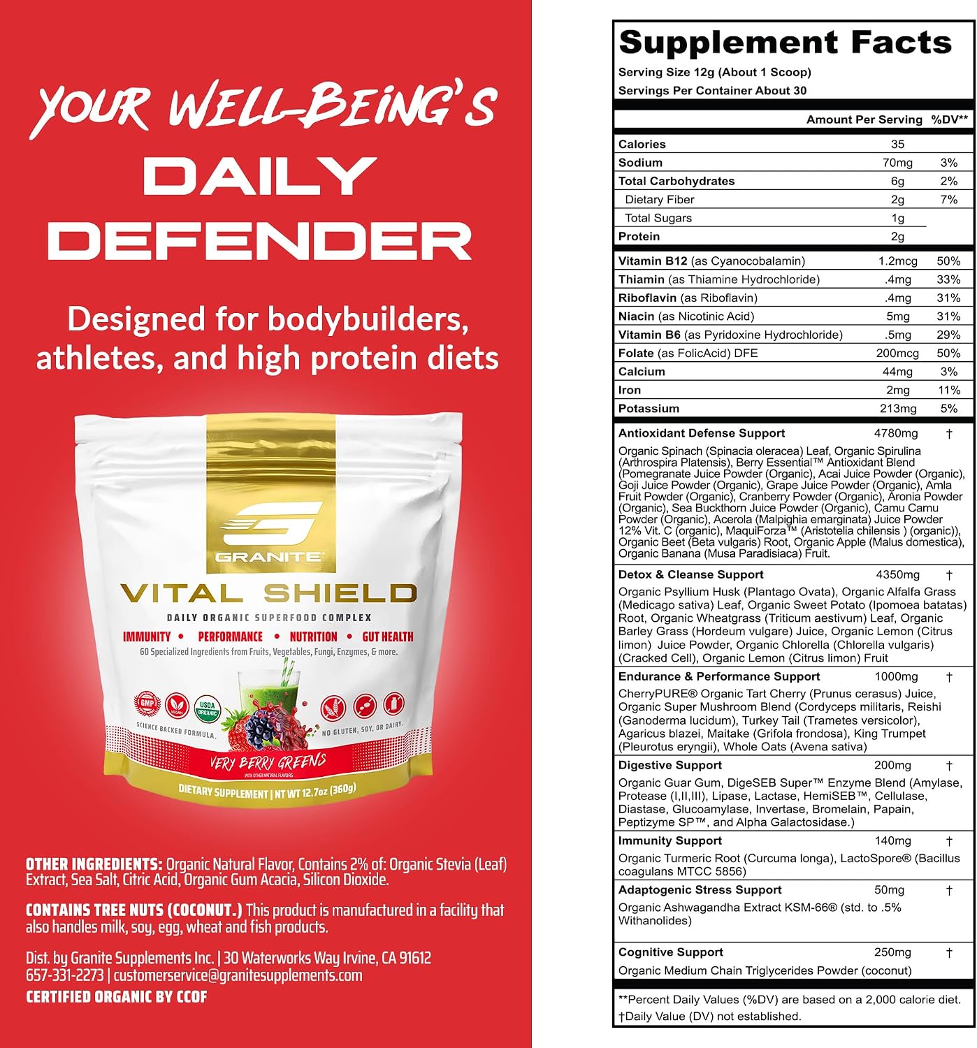 Vital Shield Superfood Greens - Mezcla Orgánica con Champiñones y Cereza Ácida - Muy Berry (30 porciones)