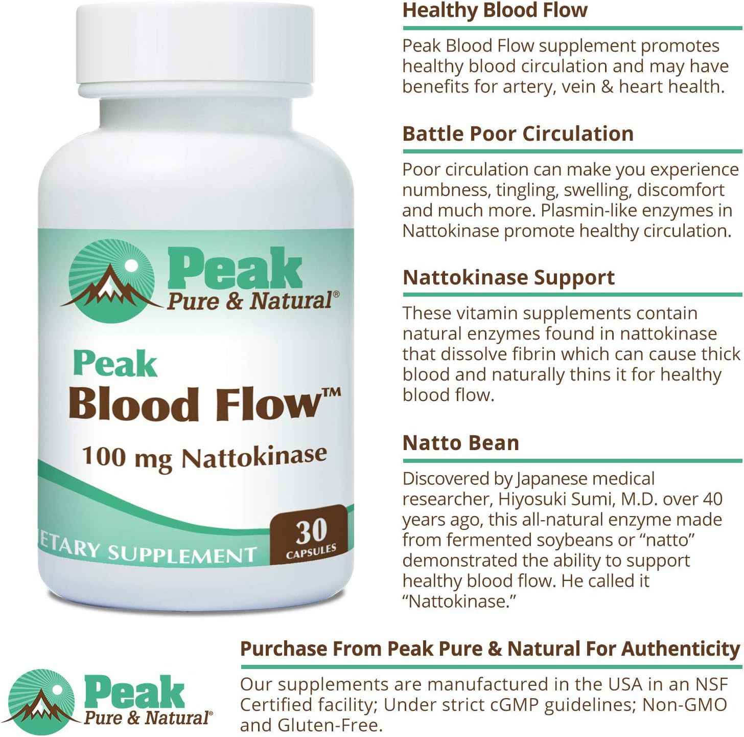 Peak Pure & Natural Peak Blood Flow - Nattokinasa 100mg - 30 Cápsulas