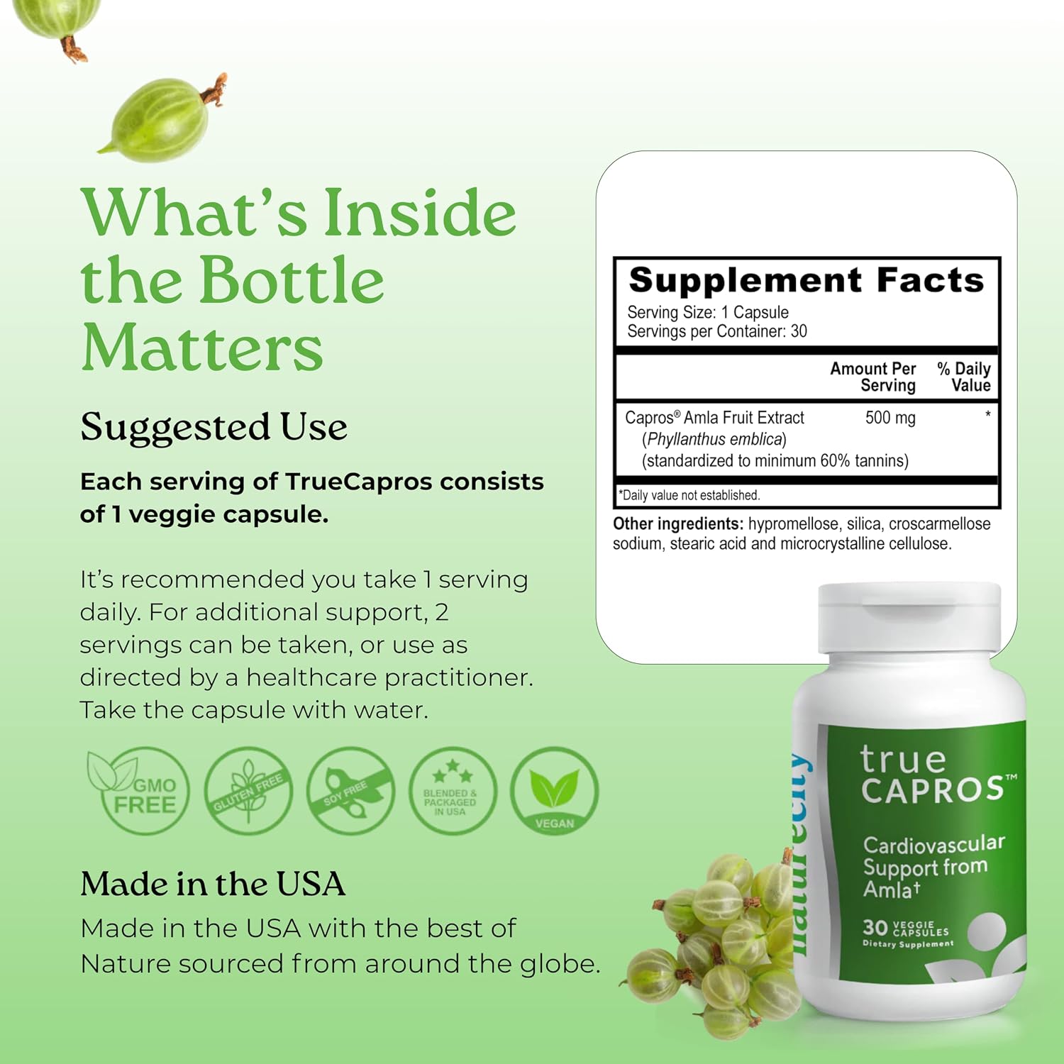 True-Capros: Extracto de Amla con Polifenoles Antioxidantes (30 Cápsulas Vegetales) - Sin OGM, Vegano y Sin Soja