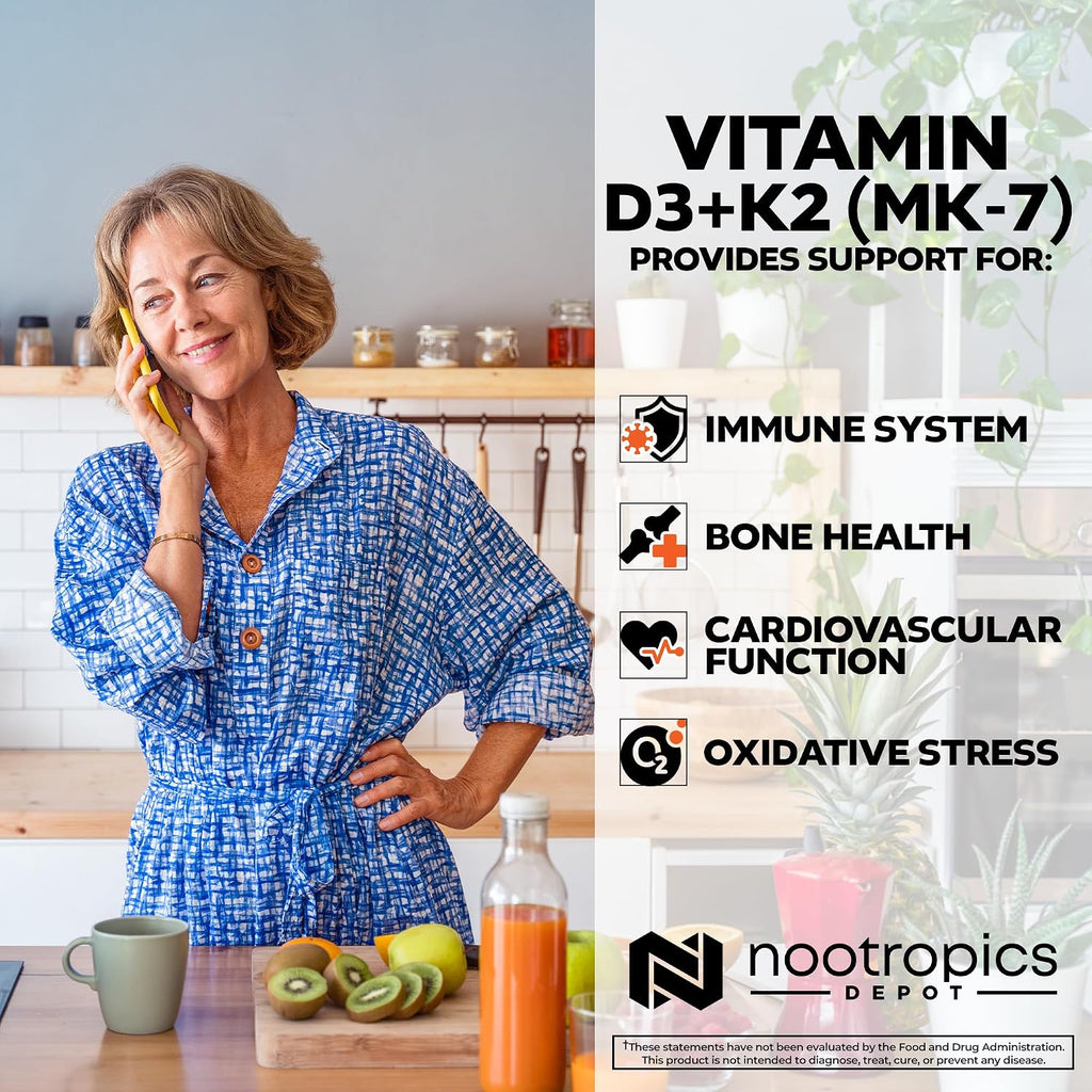 Nootropics Depot Vitamina D3+K2 con Vitamina C - 365 comprimidos - 125μg (5000 UI) - Año de suministro