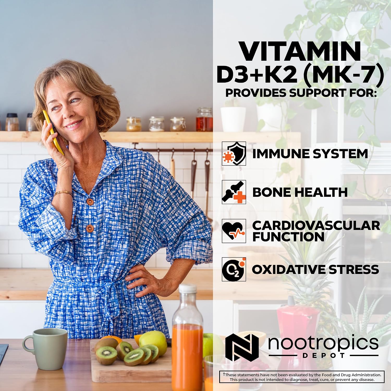 Nootropics Depot Vitamina D3+K2 con Vitamina C - 365 comprimidos - 125μg (5000 UI) - Año de suministro