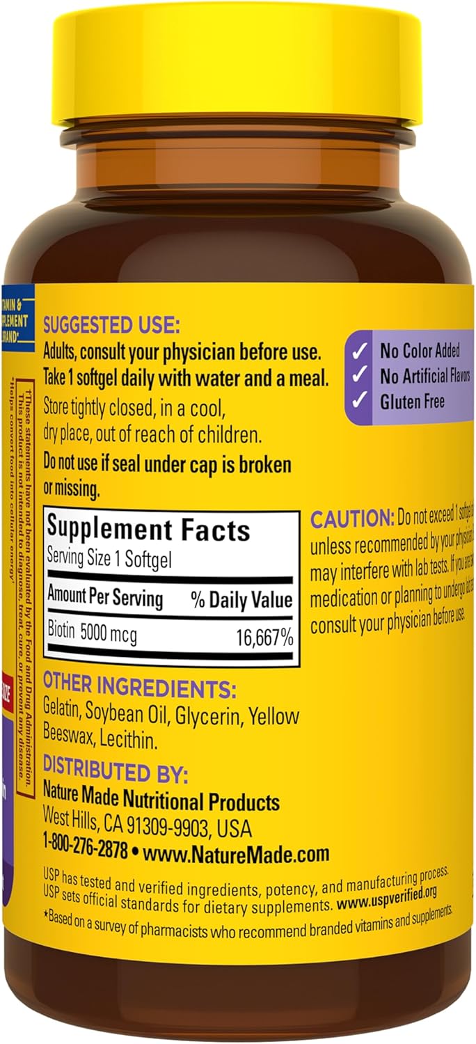 Nature Made Biotina de Máxima Potencia 5000 mcg Cápsulas Blandas - 120 Cápsulas