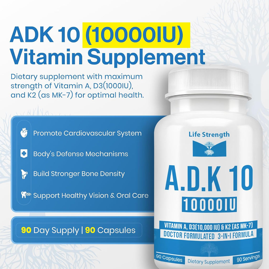LifeStrength ADK 10 - Vitaminas A1, D3 y K2 (MK-7) - 90 Cápsulas