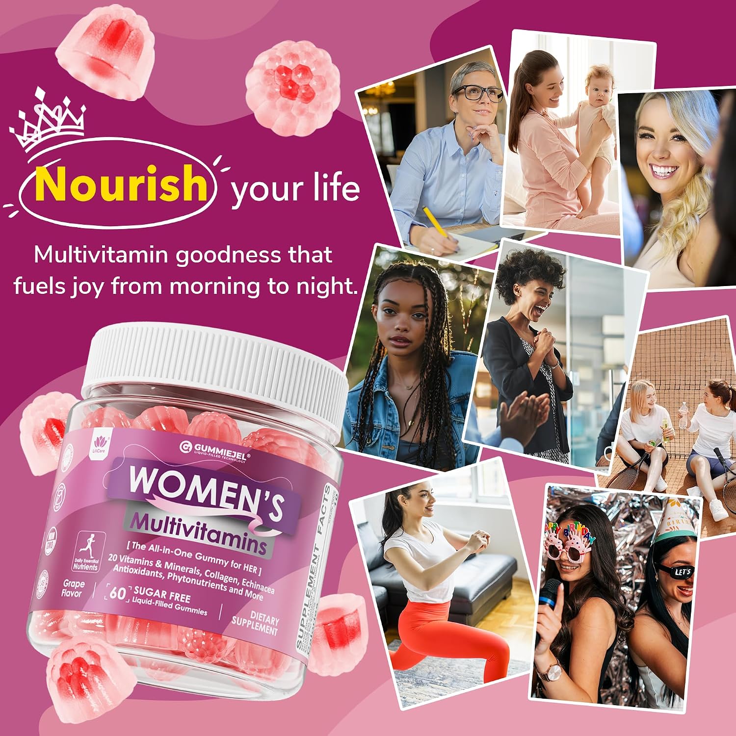LILICARE Multivitamínico para Mujeres Gominolas - Sin Azúcar, Con Metilfolato, Biotina y Colágeno