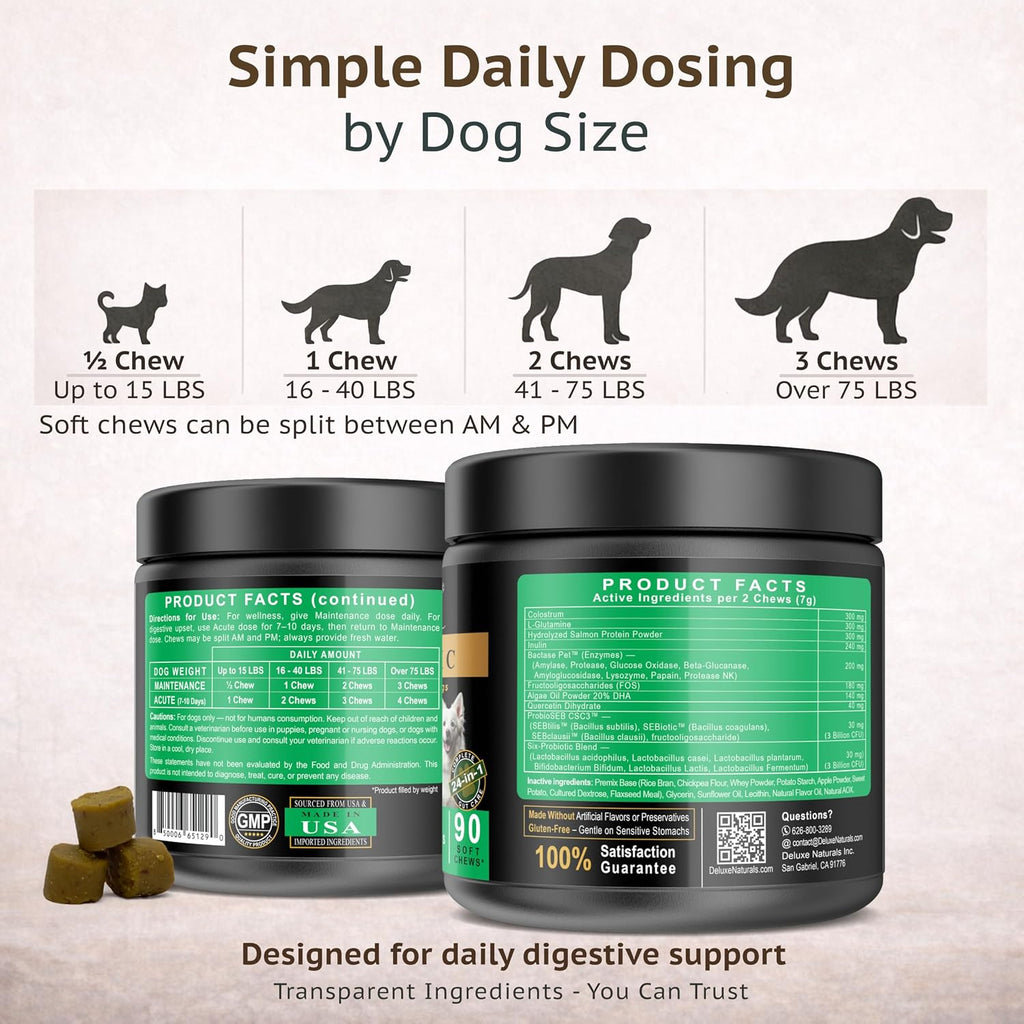 Deluxe Naturals Probiotic Soft Chews for Dogs – 360 masticables (4 x 90ct) – Apoyo Digestivo e Inmunitario con 9 Probióticos, 8 Enzimas, 2 Prebióticos y 5 Nutrientes Esenciales – Sabor a Pollo