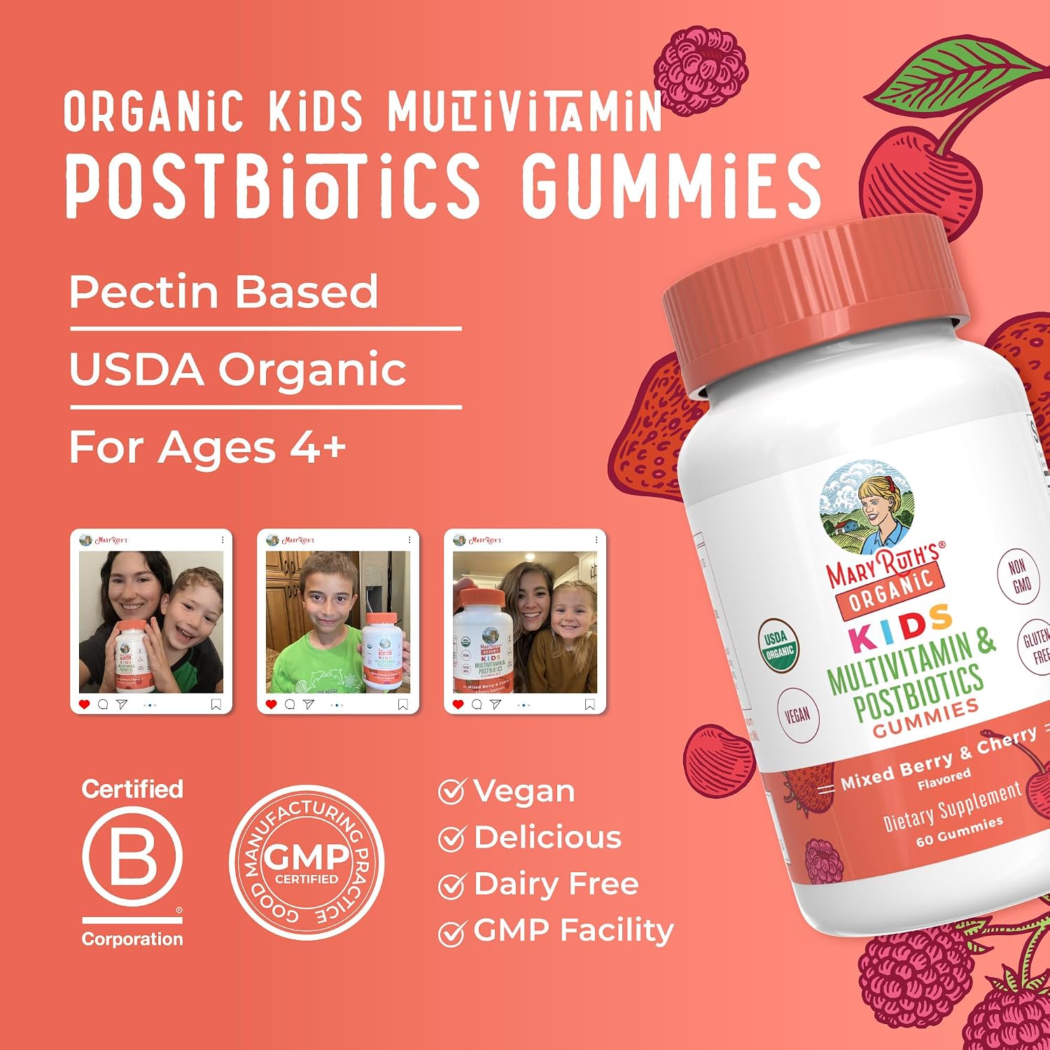 MARYRUTH'S Gomitas Multivitamínicas Orgánicas con Postbióticos para Niños a partir de 4 años, 60 unidades