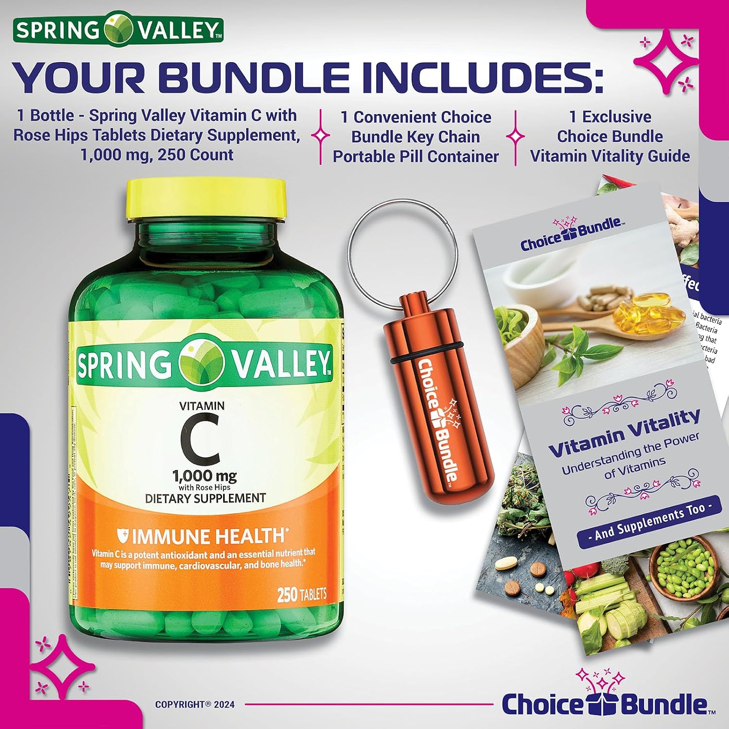 Choice Bundle Spring Valley Vitamina C 1000 mg con Escaramujo, 250 comprimidos + Guía y Pastillero
