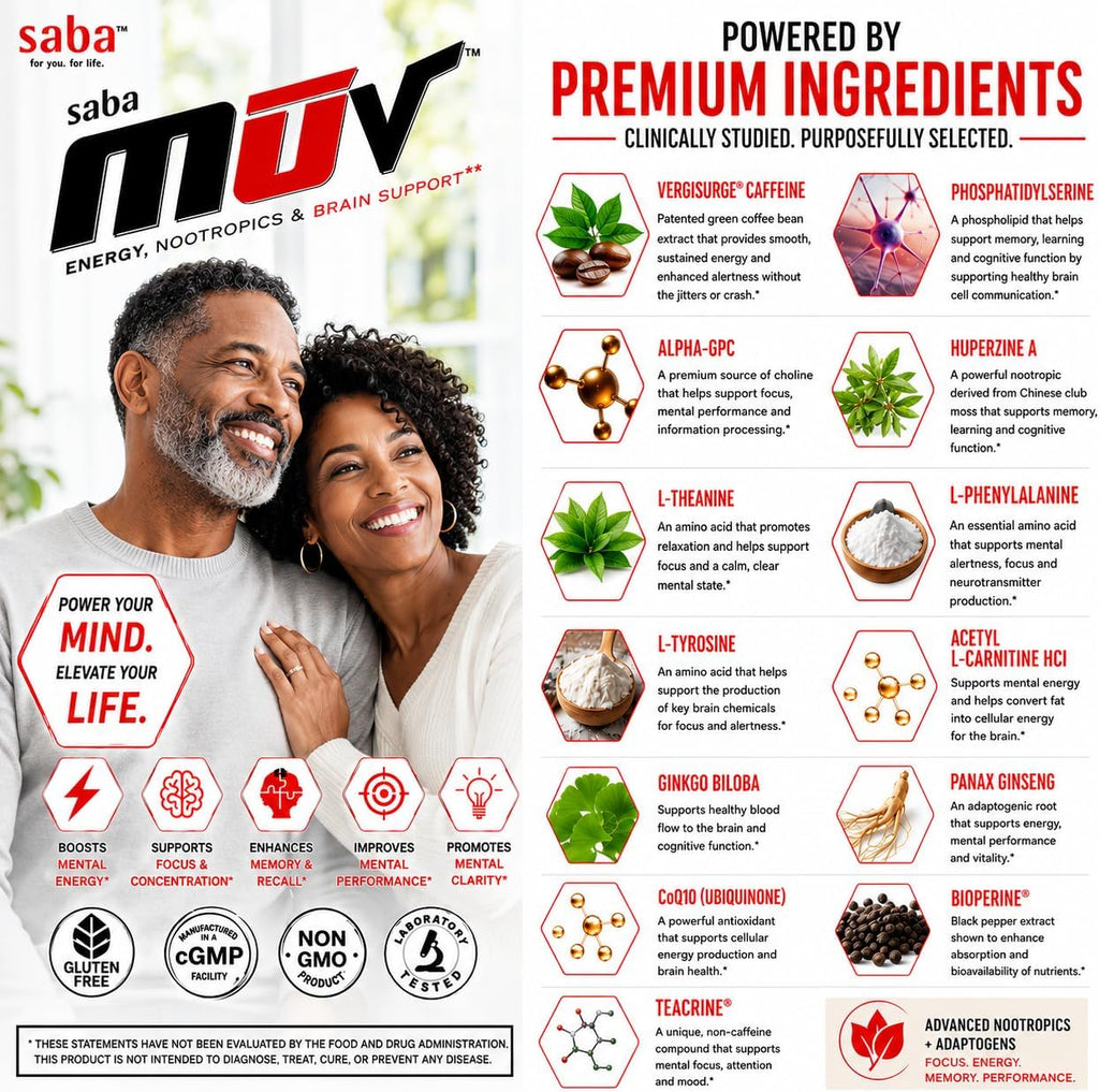 Saba MUV Nootrópico, 60 Cápsulas - Memoria, Enfoque y Energía