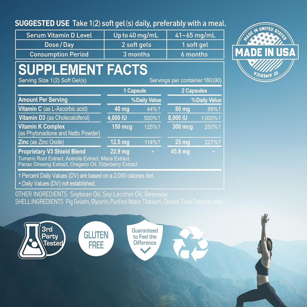 NANOWELL V3 IMMUNO Shield - Apoyo Inmunitario con Vitaminas C, D3, K y Zinc (360 Cápsulas Blandas)