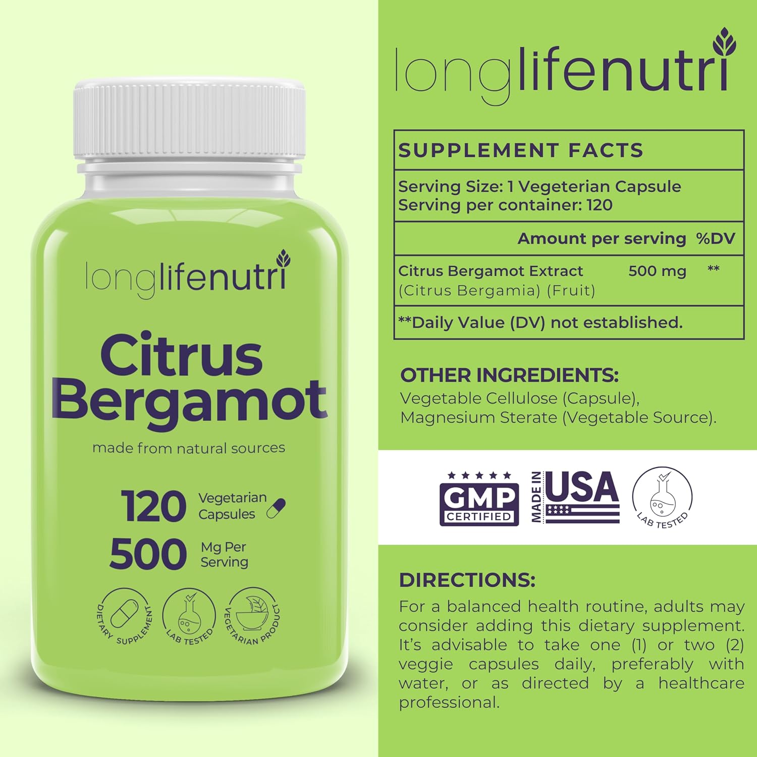 Extracto de Bergamota 500mg - 120 Cápsulas Vegetarianas - 40% Flavanonas Polifenólicas - 4 Meses de Suministro - Antioxidante Natural - LongLifeNutri