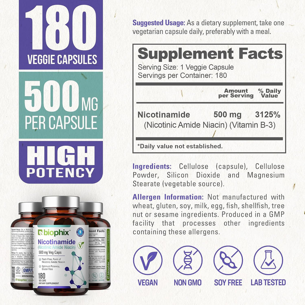 biophix B-3 Nicotinamida 500 mg 180 cápsulas - Fórmula de vitamina B3 sin enrojecimiento