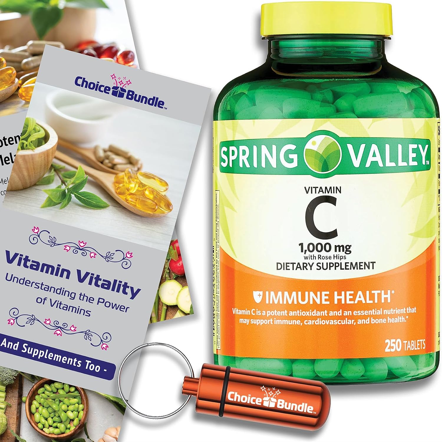 Choice Bundle Spring Valley Vitamina C 1000 mg con Escaramujo, 250 comprimidos + Guía y Pastillero
