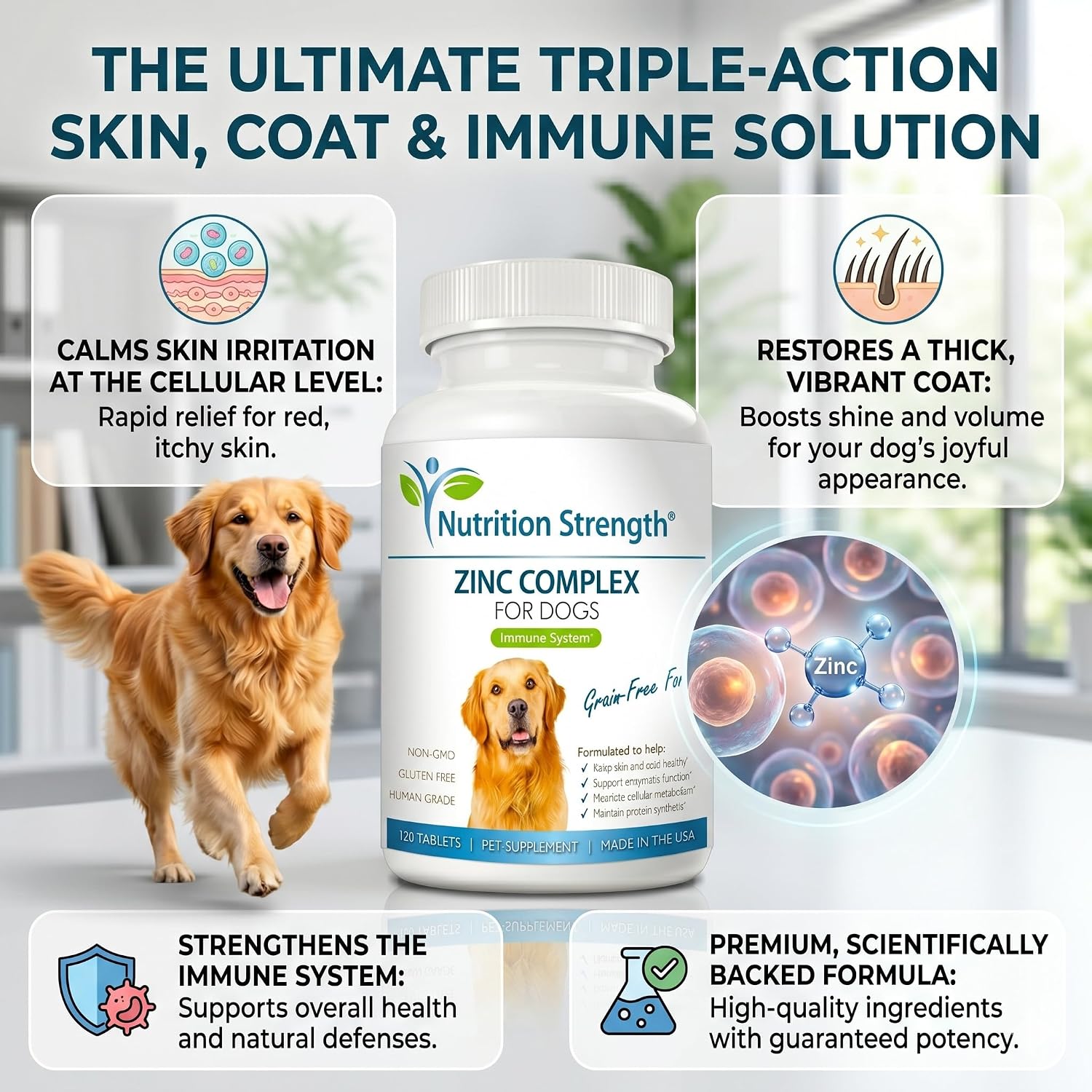 Nutrition Strength Zinc para Perros - Apoyo a la Piel y el Pelaje, Crecimiento Normal, Función Inmune y Metabolismo Celular, con Biotina, Folato, Selenio y Vitamina E, 120 Comprimidos Masticables