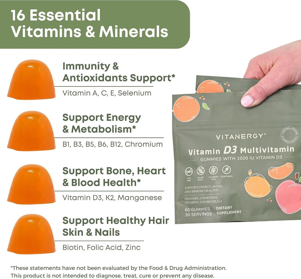 Vitanergy Women's Multivitamin Gummies con D3 y K2 - 60 Gominolas Sin Azúcar