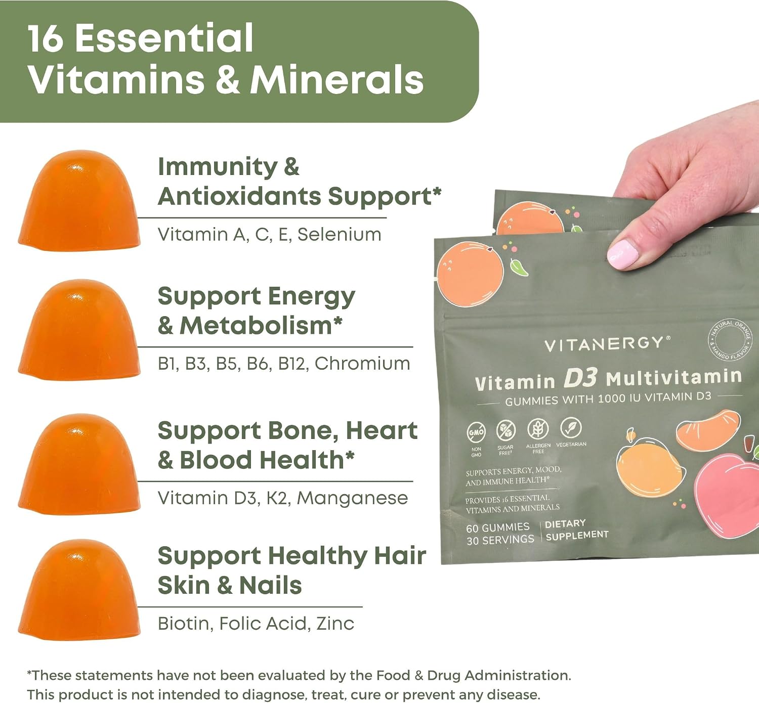 Vitanergy Women's Multivitamin Gummies con D3 y K2 - 60 Gominolas Sin Azúcar