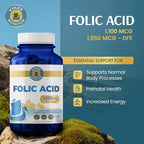 Vykee Nutrition Ácido Fólico 1850 mcg DFE - Complemento Prenatal Vegano 120 Cápsulas