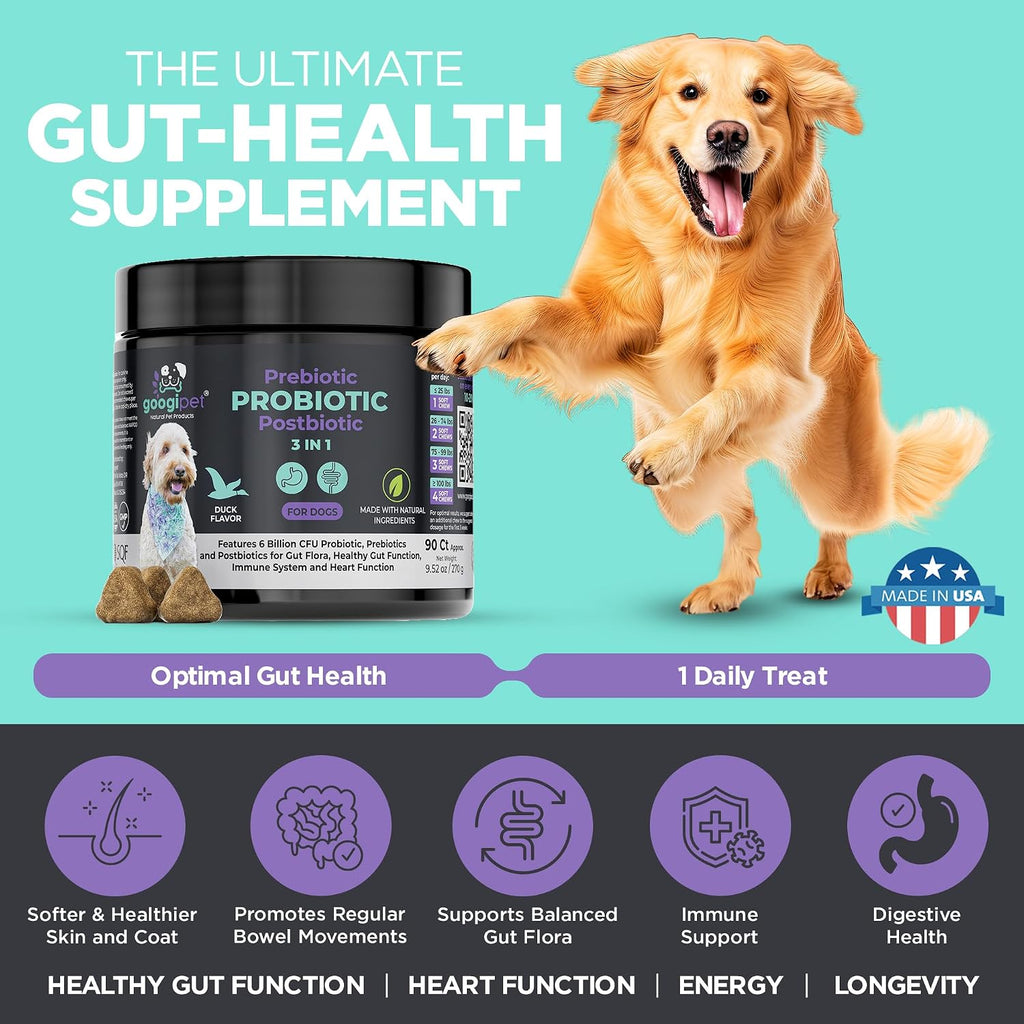 Googipet Probióticos para Perros Salud Digestiva - Prebióticos y Probióticos Masticables con Enzimas Digestivas - Sabor a Pato (6B UFC)