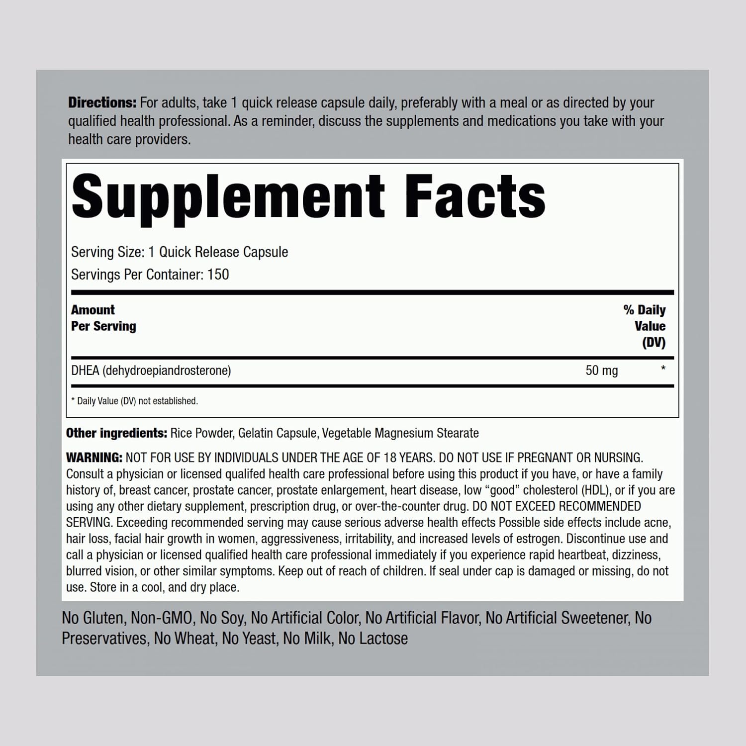 Piping Rock DHEA 50 mg | 150 Cápsulas | Dehidroepiandrosterona | No-GMO y Sin Gluten