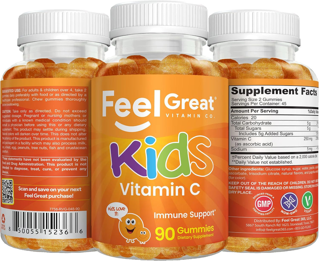 Feel Great Gummies de Vitamina C para Niños – 90 Gummies – 250 mg por ración