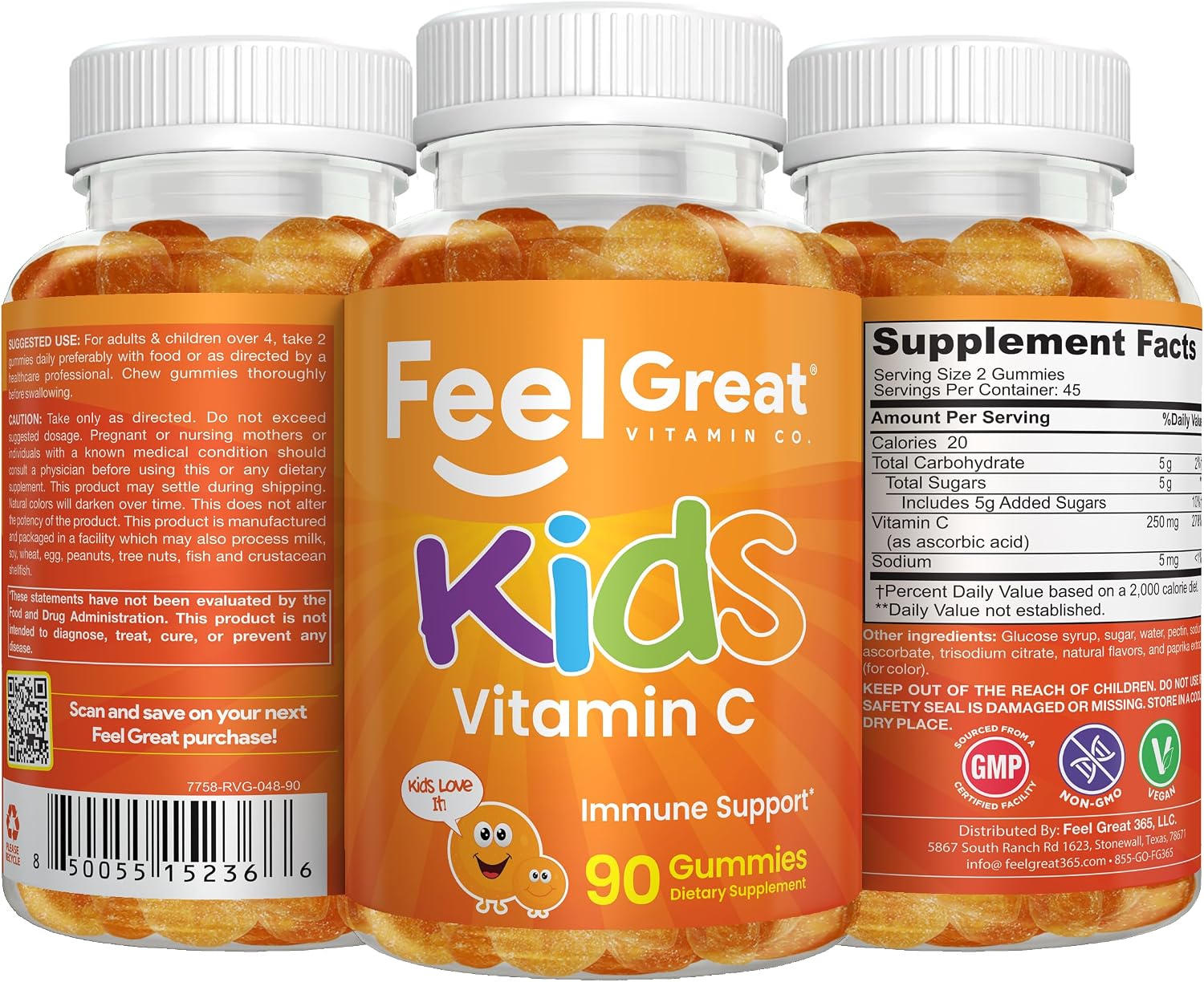 Feel Great Gummies de Vitamina C para Niños – 90 Gummies – 250 mg por ración
