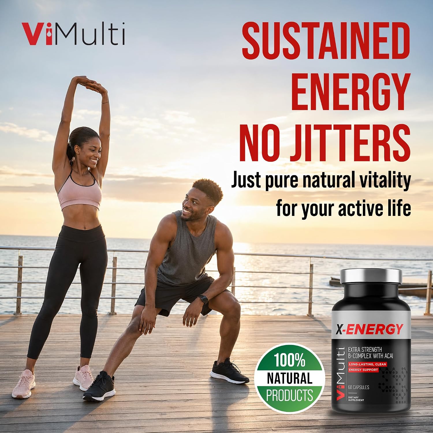 ViMulti X-Energy Complejo de Vitaminas B en Cápsulas con Cafeína, Taurina, Magnesio, Extracto de Acai, Ginseng, Rodiola, Maca, Espirulina, Tongkat Ali, B1, B6, B12, Suplemento Dietético de Folato - 60 Cápsulas