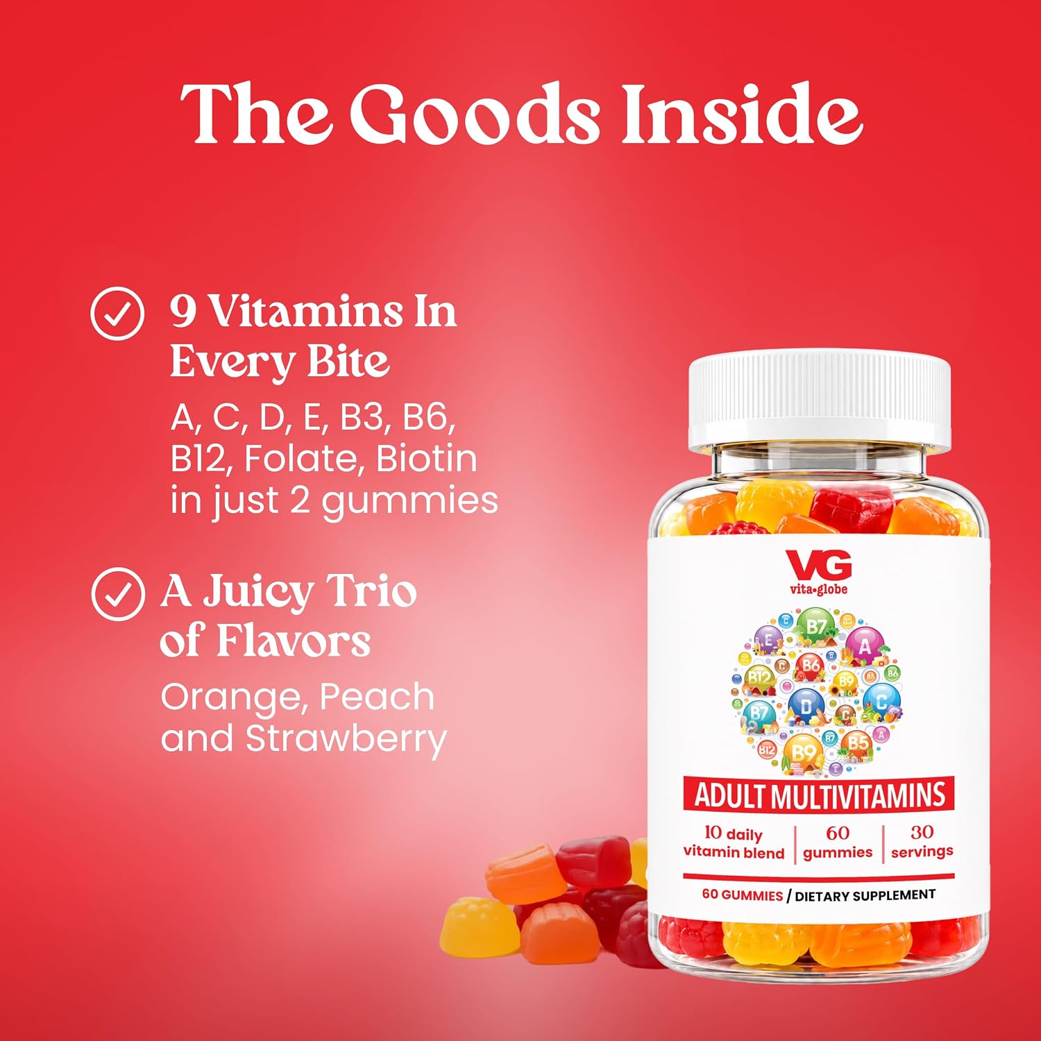 VITA GLOBE Multivitamin Gummies Adultos - 9 Vitaminas Esenciales con C, D, E, B6, B12, Folato y Biotina - Sabor Naranja, Melocotón y Fresa - 120 Gominolas (2 Envases de 60)