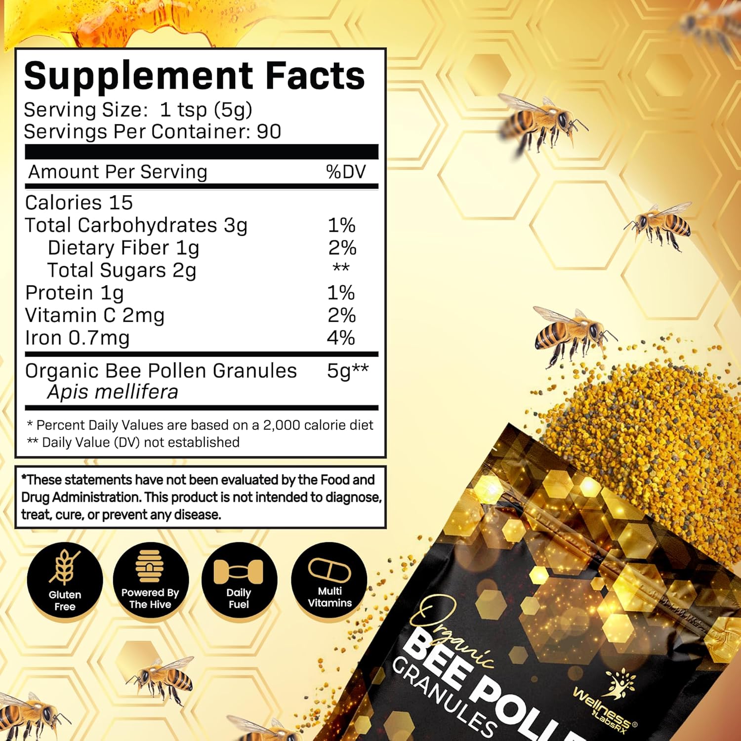 Gránulos de Polen de Abeja, 1 Libra (454 g) - Superalimento Keto con Proteínas, Vitaminas y Minerales