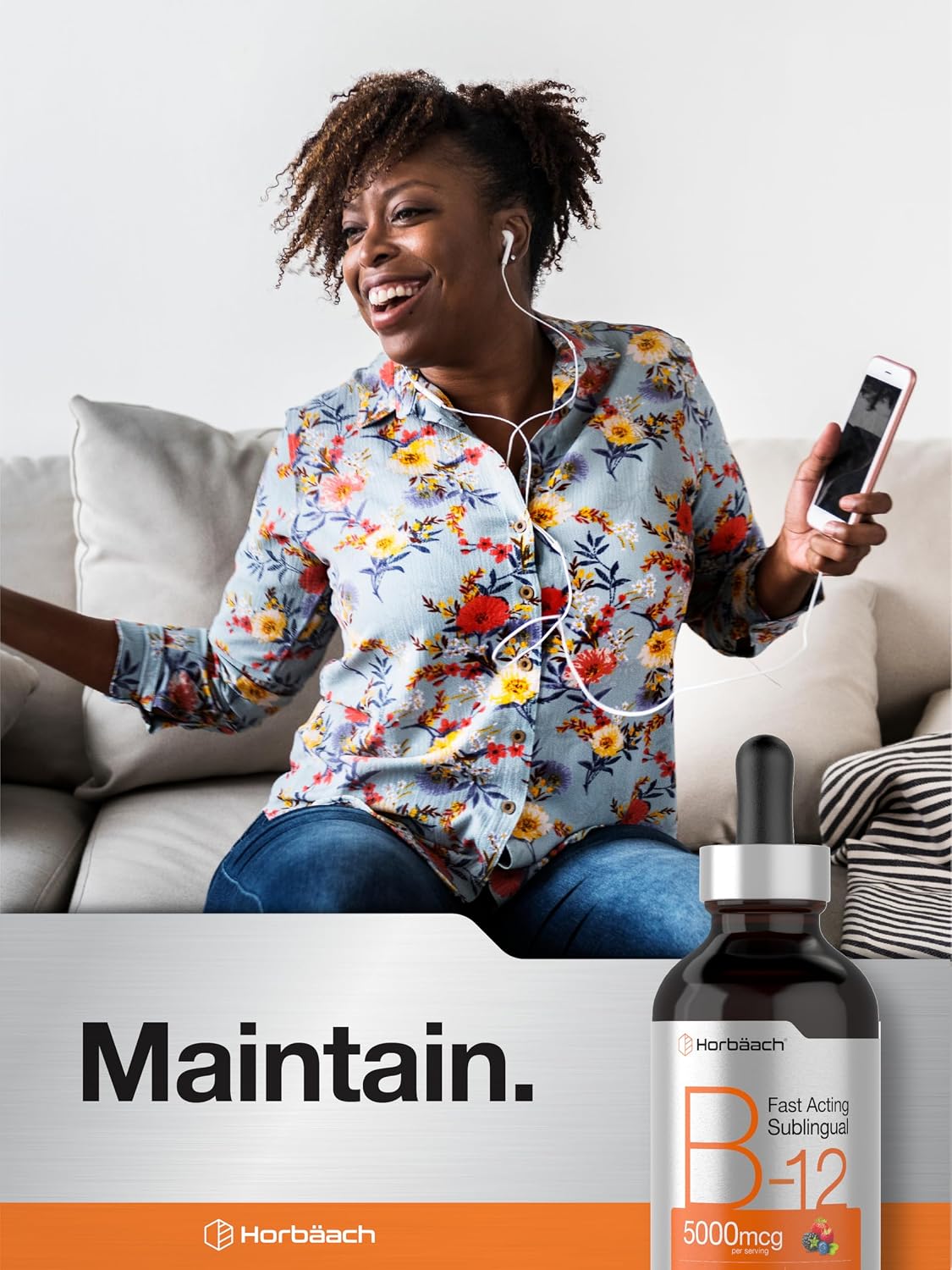 Horbaach Vitamina B12 5000 mcg Sublingual | Gotas Líquidas con Metilcobalamina y Cianocobalamina | Sabor Berry | Sin Gluten y No-GMO