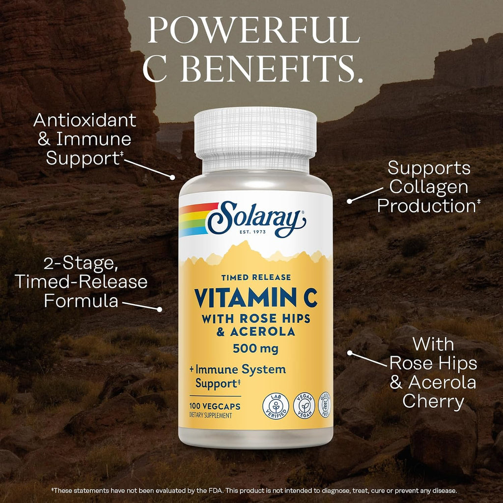 Solaray Vitamin C 500 mg with Rose Hips - Sustained Release Capsules, 100 Count