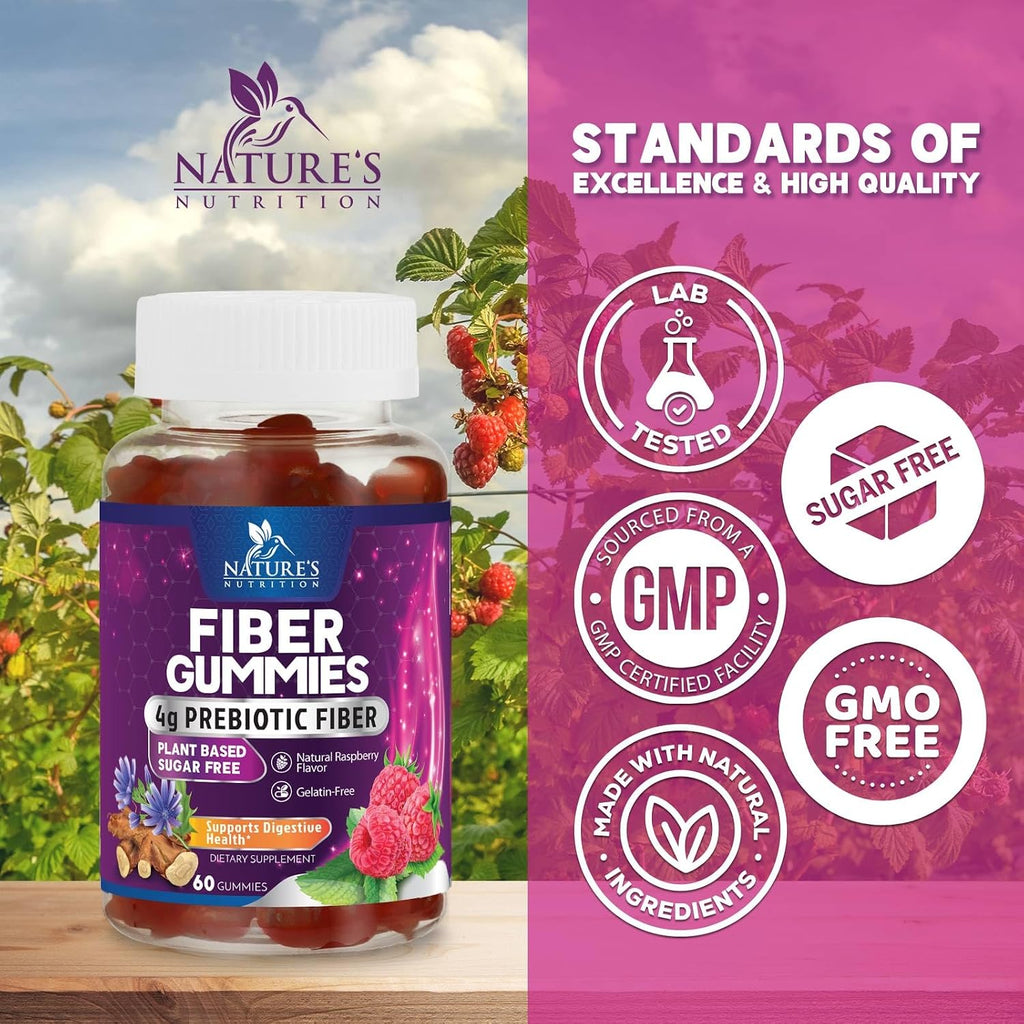 Nature's Nutrition Fiber Gummies – Gomitas de fibra prebiótica sin azúcar, 4g por porción, 60 gomitas