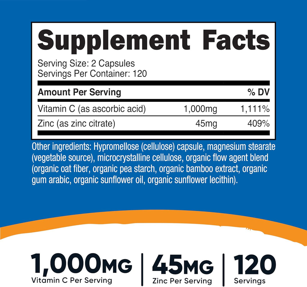 Nutricost Vitamina C con Zinc - 1000mg, 45mg, 120 Cápsulas