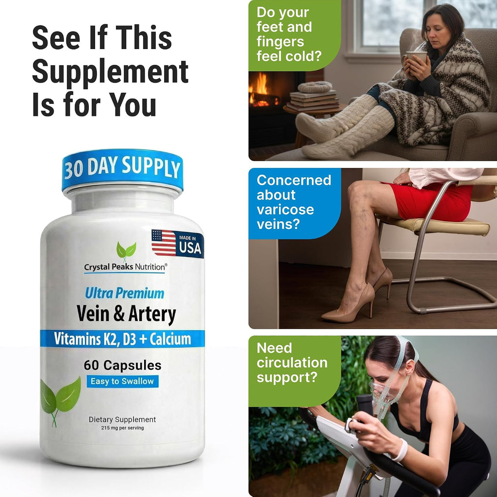 CRYSTAL PEAKS NUTRITION Suplemento para Venas y Arterias - Apoyo a la Circulación Sanguínea con Calcio, Vitaminas K2 y D3 - 60 Comprimidos
