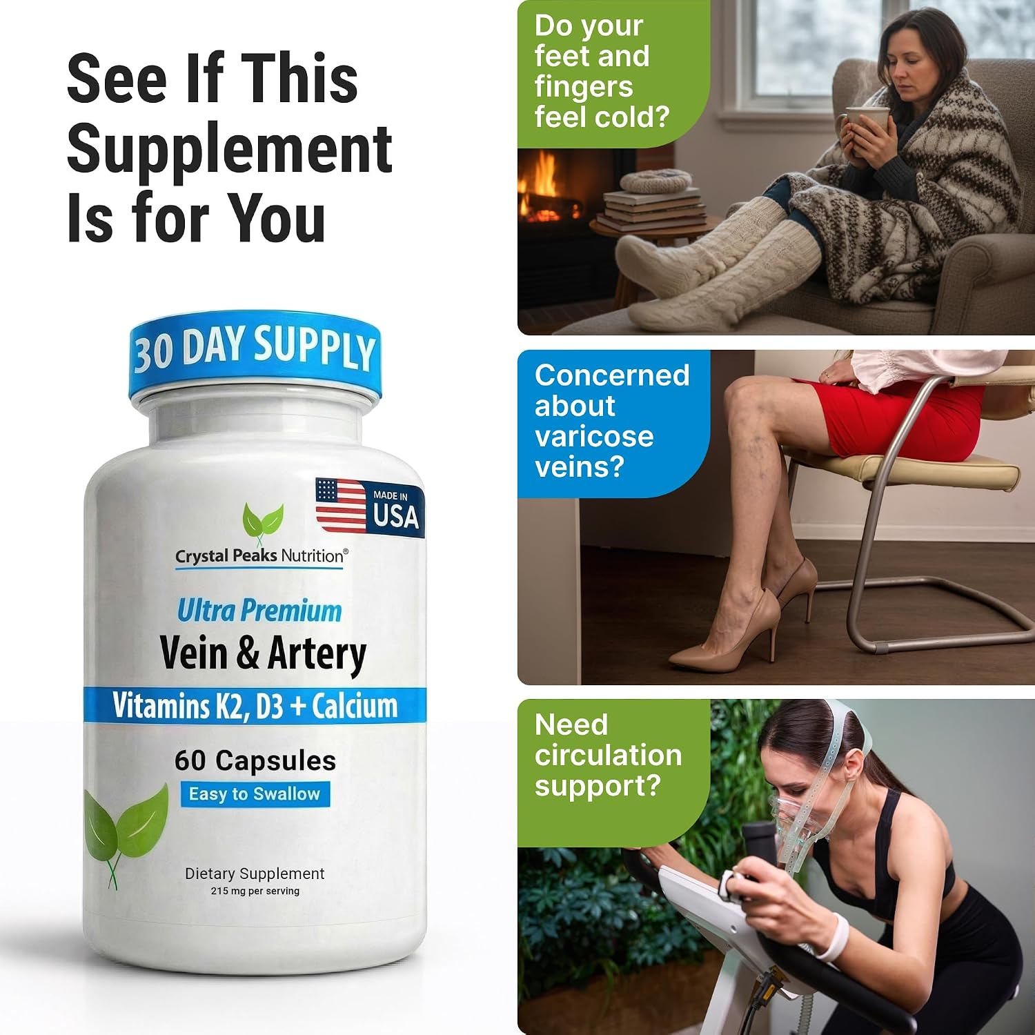 CRYSTAL PEAKS NUTRITION Suplemento para Venas y Arterias - Apoyo a la Circulación Sanguínea con Calcio, Vitaminas K2 y D3 - 60 Comprimidos