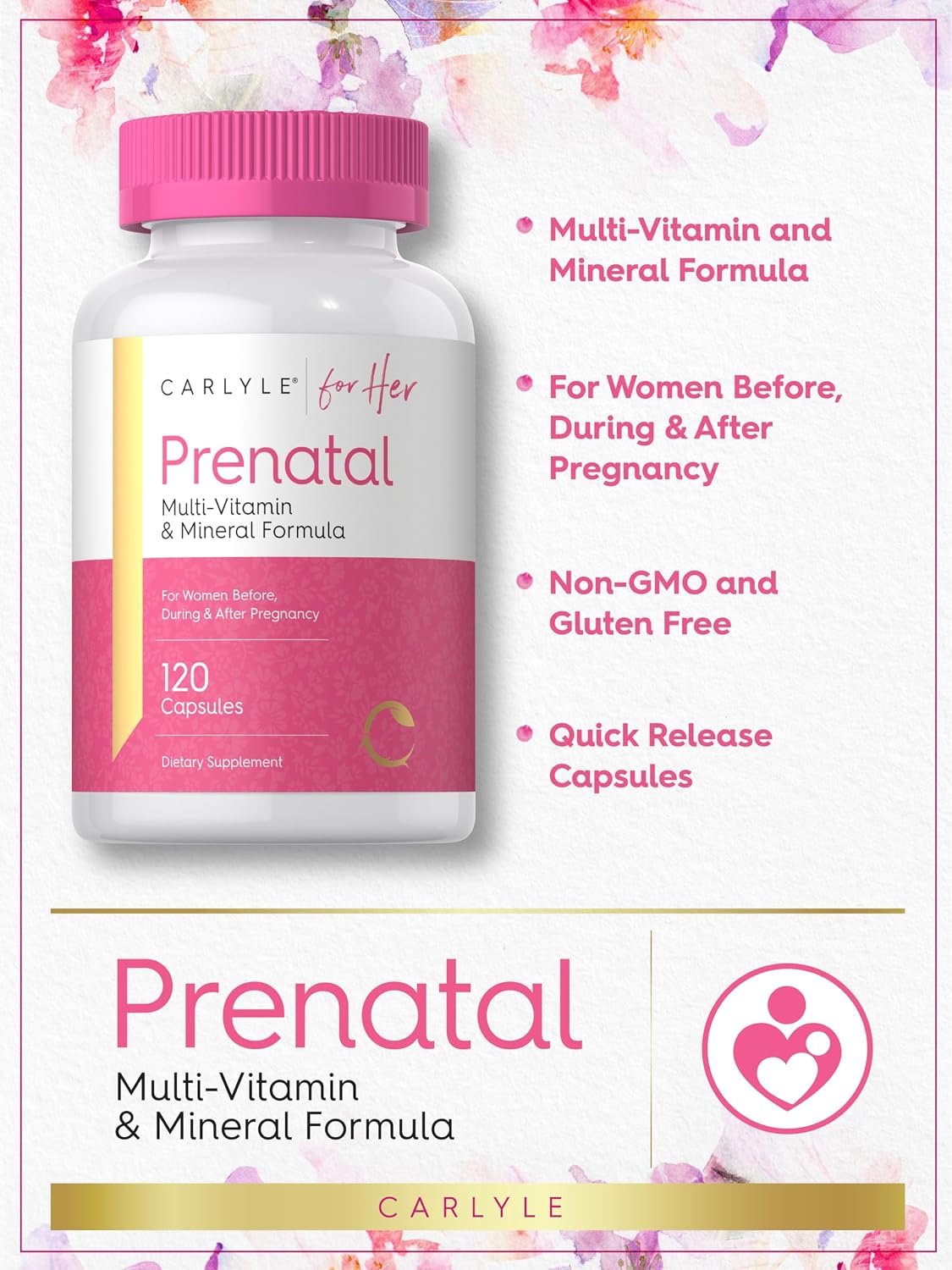 Carlyle Vitaminas Prenatales para Mujeres | 120 Cápsulas | Fórmula Multivitamínica y Mineral con Ácido Fólico | Sin Gluten y No Transgénico