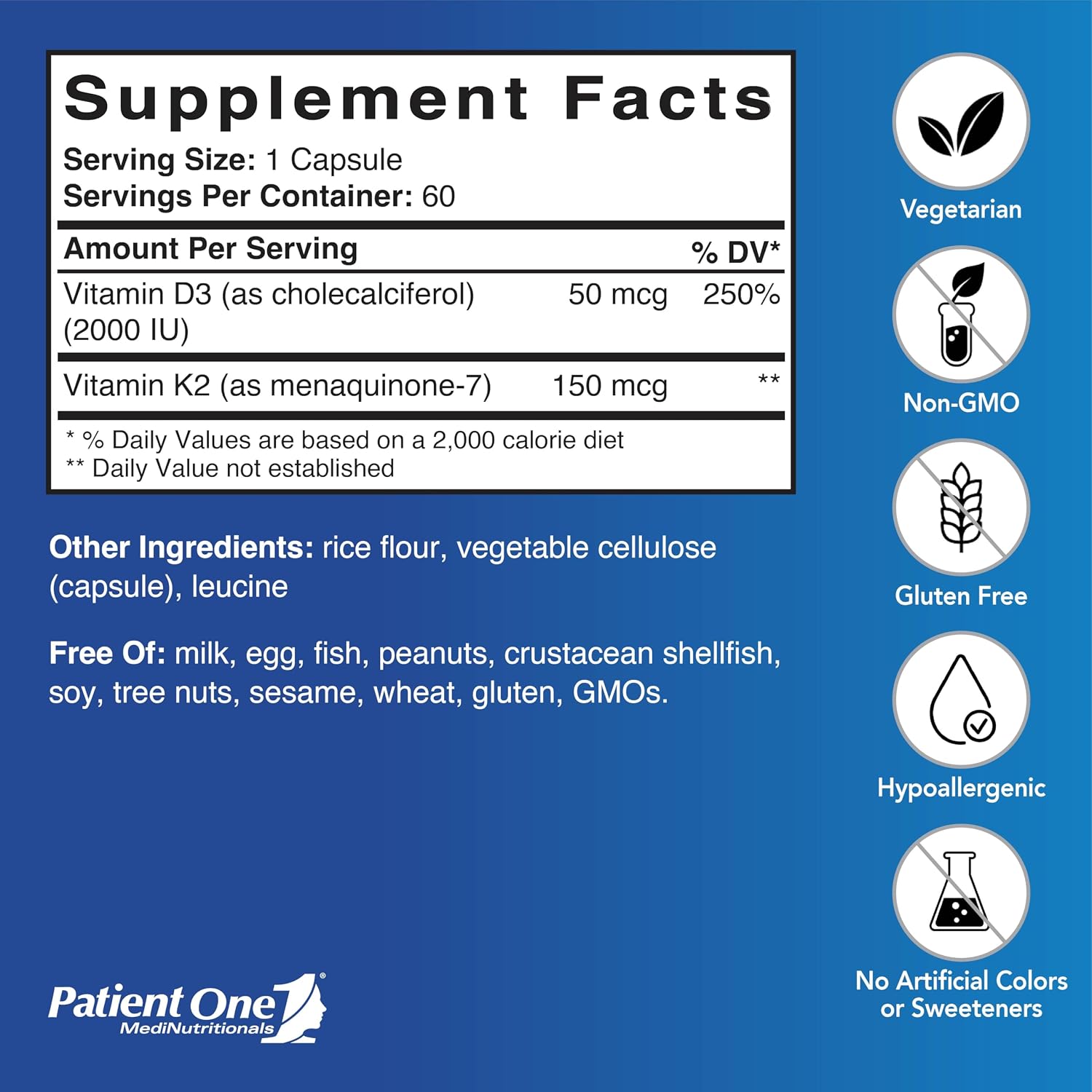Patient One Vitamina K2 y D3 | 150 mcg K2 (MK-7) y 2000 UI D3 | 60 Cápsulas