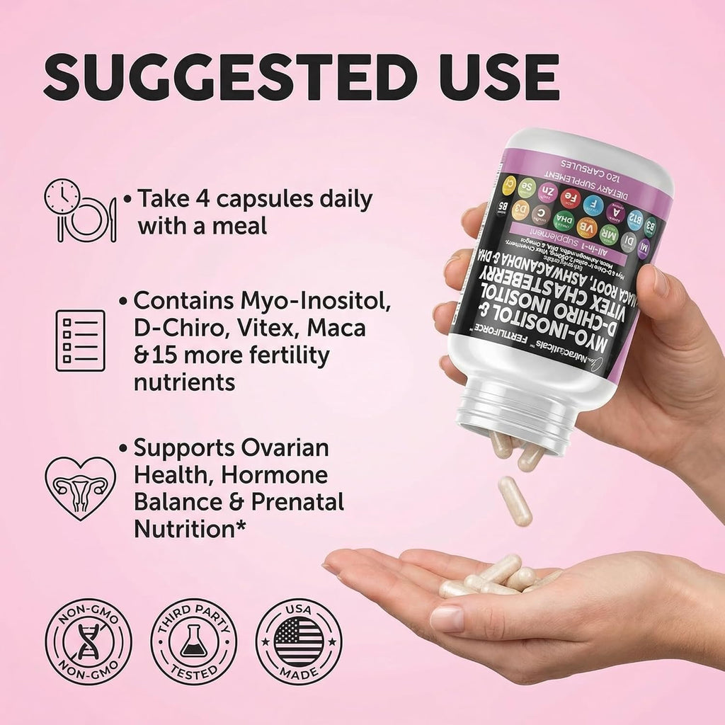 Clean Nutraceuticals Myo-Inositol y D-Chiro Inositol 2050mg - Suplemento de Fertilidad 40:1 - Vitaminas Prenatales con Ashwagandha, Maca, Vitex, Hierro, DHA, Ácido Fólico, DIM, Zinc