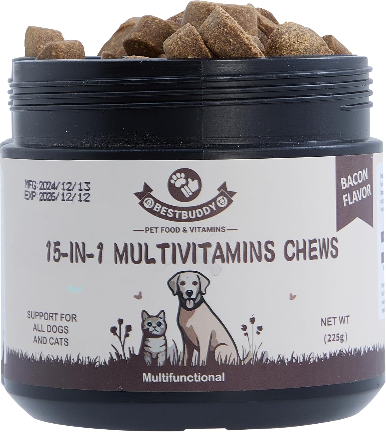 Best Buddy Multivitamin 15-en-1 Snacks para Perros y Gatos, Suplemento Completo para la Salud con Apoyo Articular + Enzimas Digestivas, Vitaminas y Suplementos para Perros sin Cereales para Piel y Pelaje (Tocino/Cerdo, 225g)
