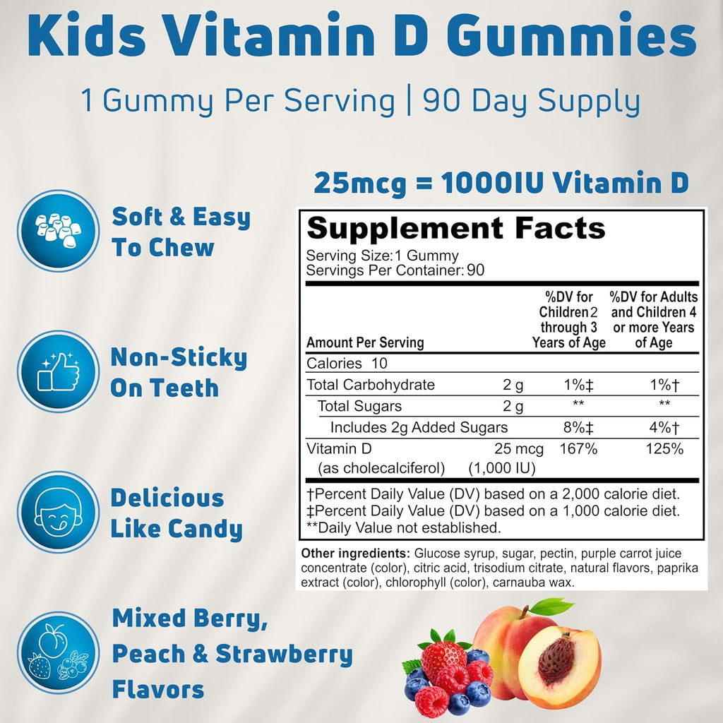 NUELATION Vitamina D3 Gummies para Niños - 1000 IU, 90 dosis