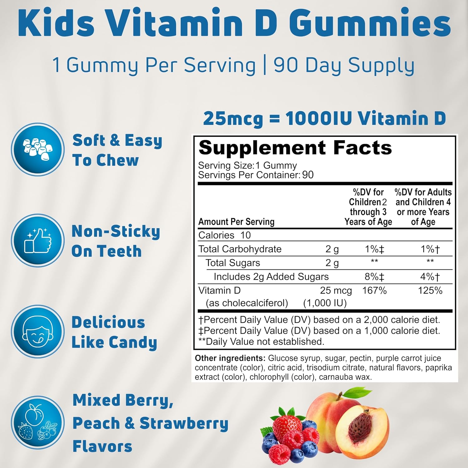 NUELATION Vitamina D3 Gummies para Niños - 1000 IU, 90 dosis