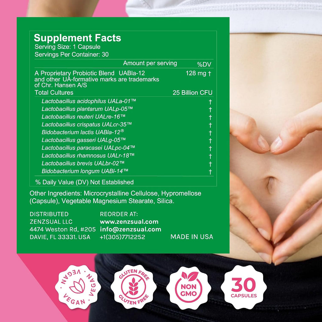 ZENZSUAL Zenbiotic Probióticos para Mujeres – 25 Mil Millones UFC, Salud Vaginal y Equilibrio del pH, Control de Olores y Levaduras, Salud Digestiva e Intestinal, Confort Urinario, 30 Cápsulas Veganas