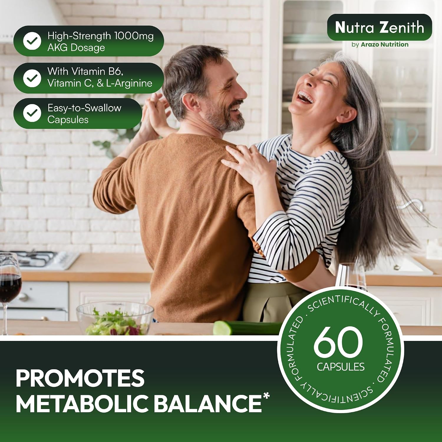 Arazo Nutrition AKG Suplemento Antiedad y Energía con Vitamina B6, Vitamina C y L-Arginina - 60 Cápsulas