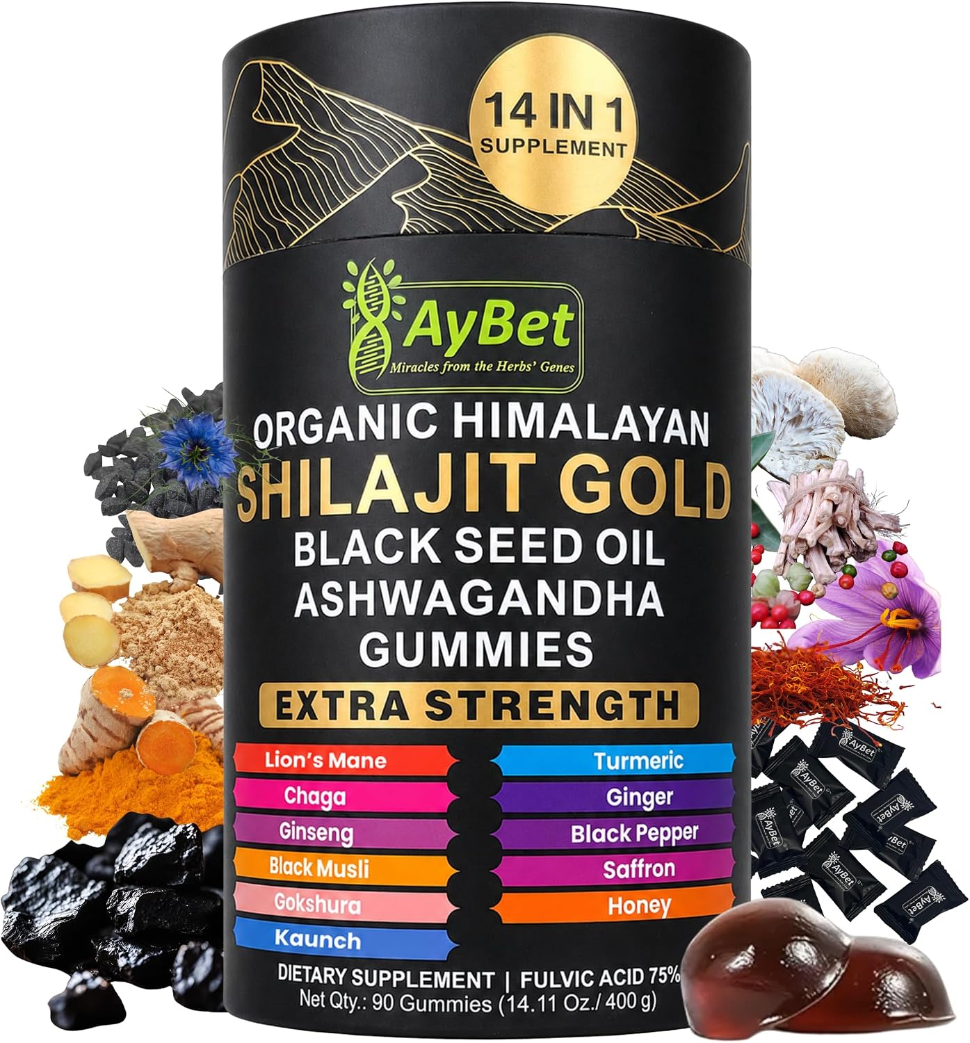 Organic Himalayan Shilajit Gold Gummies for Men and Women, Black Seed Oil, Ashwagandha, Ginseng, Turmeric, Gokshura, Lion's Mane, Lab Tested, No Sugar Added, Halal, 90Gummy