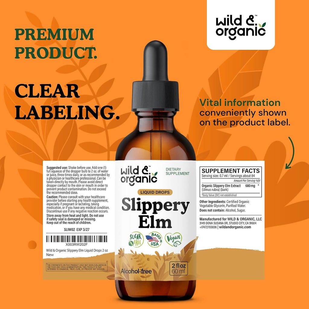 Wild & Organic Gotas de Olmo Resbaladizo - Extracto Líquido de Corteza de Ulmus Rubra - Sin Alcohol, Vegano - 2 fl oz